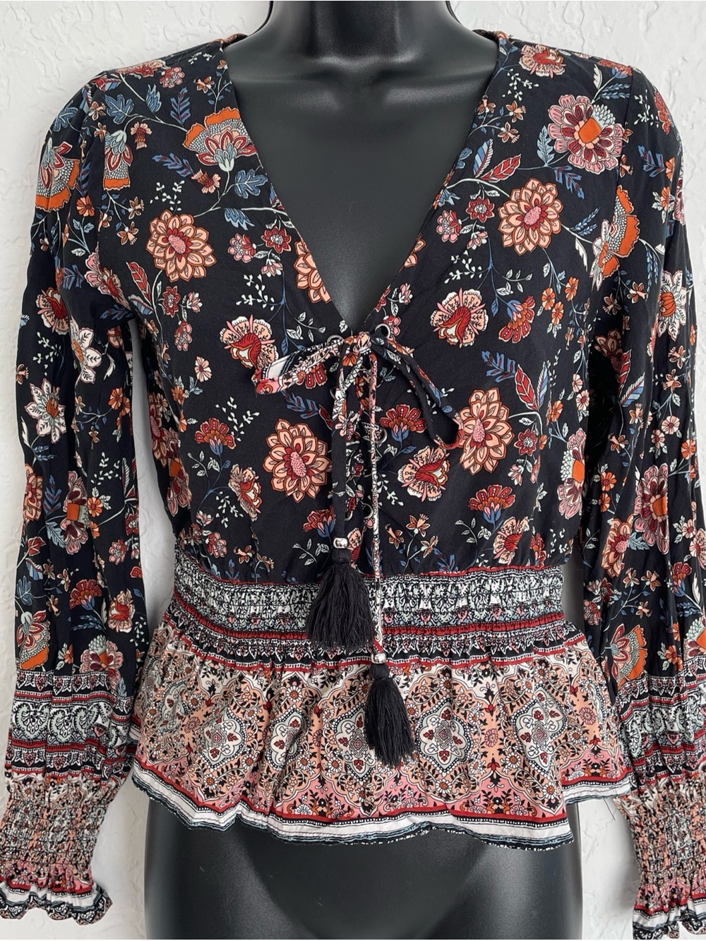 Forever 21 peasant blouse festival hippie boho tassel smocked autumn small